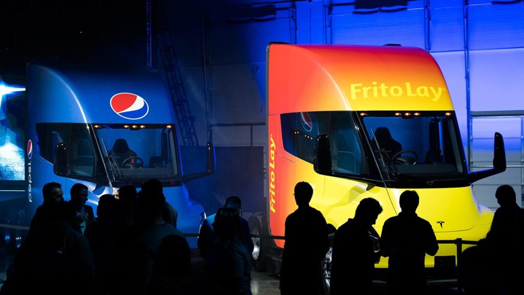 Tesla Semi trucks in Pepsi and Frito-Lay branding at the delivery event on 1st December 2022 at Gigafactory Nevada.
