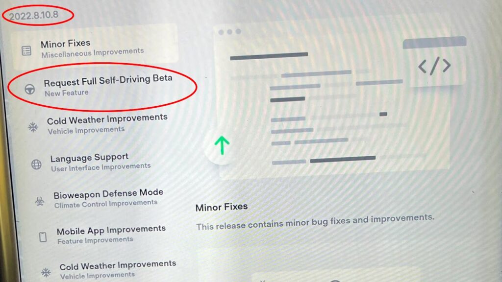 Screenshot of Tesla software update version 2022.8.10.8 which brings FSD Beta to older Model S and Model X with MCU1 infotainment system.