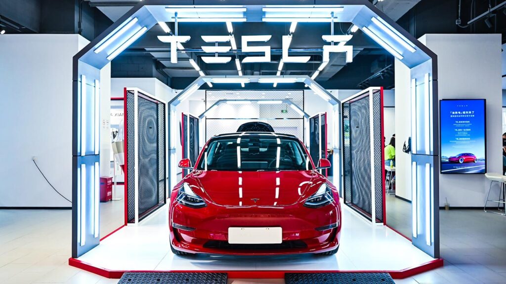 China-made Tesla Model 3 on display at a car show somewhere in Asia. Tesla launches Model 3 and Model Y in Thailand.