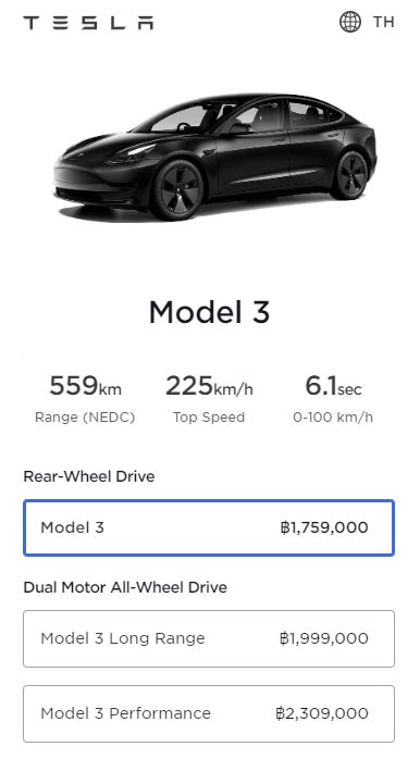 Screenshot from Tesla online car configurator. Specs, range, and prices  of Tesla Model 3 in Thailand.