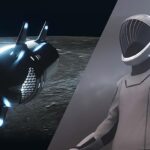 Conceptontwerp van de SpaceX Starship maanlander (links) en astronaut (rechts).