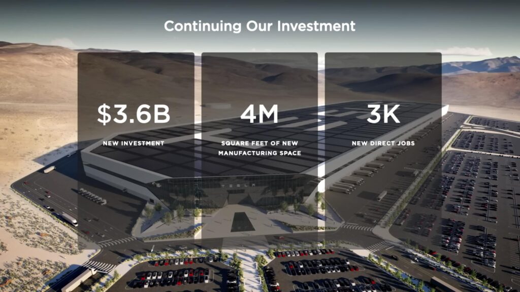 Presentation slide: Tesla continuing its investment in Gigafactory Nevada.