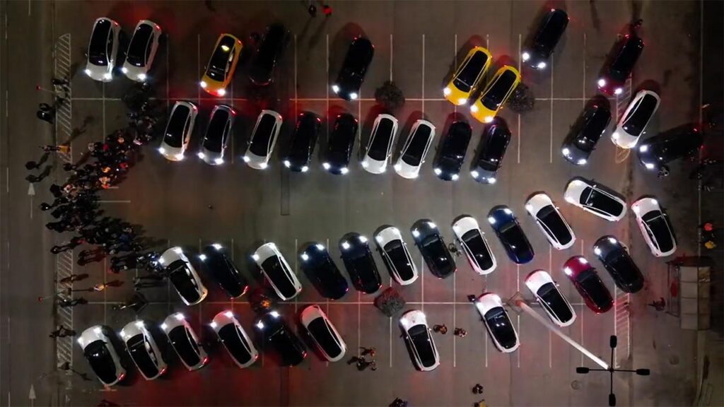 50+ Tesla cars perform an orchestra of New Year's LIght Show.