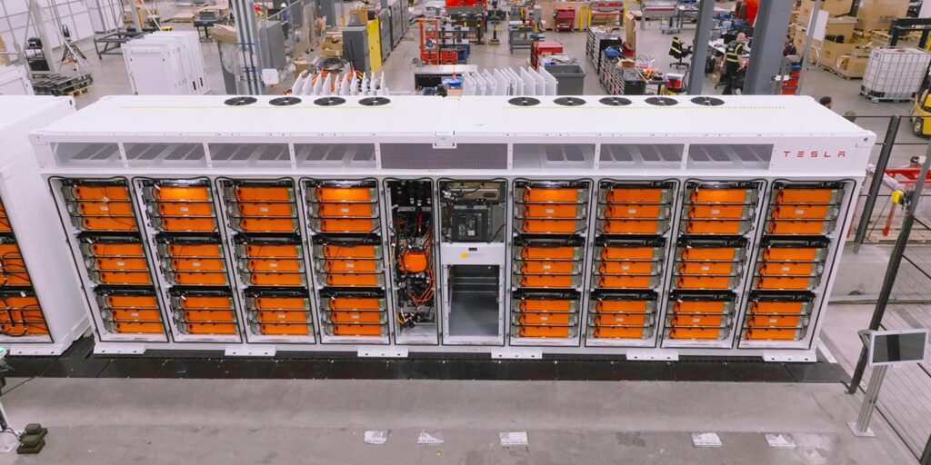 A Tesla Megapack battery module at the company's Megafactory in Lathrop, California.