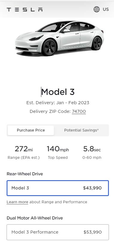 Screenshot: Prices of all the variants of the Tesla Model 3 in the United States as of 14th January 2023.