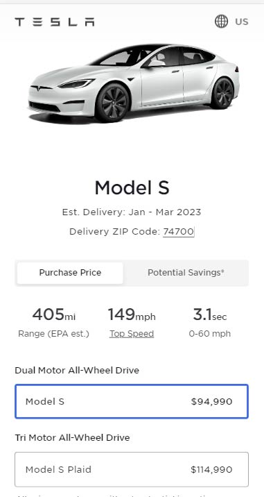 Screenshot: Prices of all the variants of the Tesla Model S in the United States as of 13th January 2023.