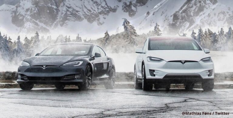Tesla Model S Plaid (left) and Tesla Model X Plaid (right) parked down a snowy mountain somewhere in Europe.