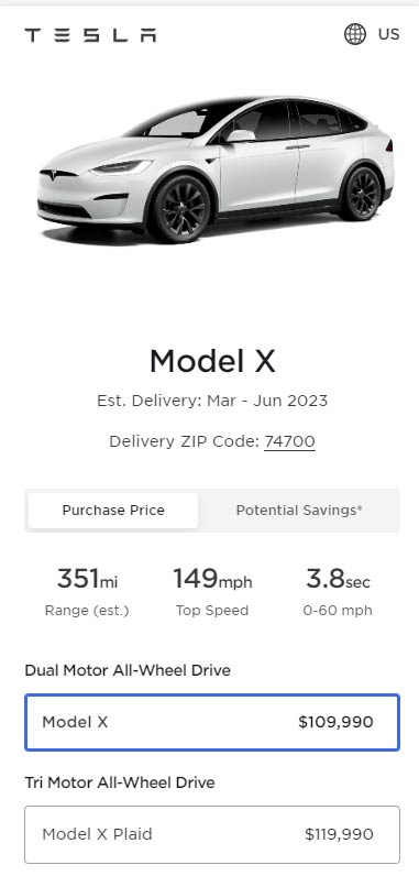 Screenshot: Prices of all the variants of the Tesla Model X in the United States as of 14th January 2023.