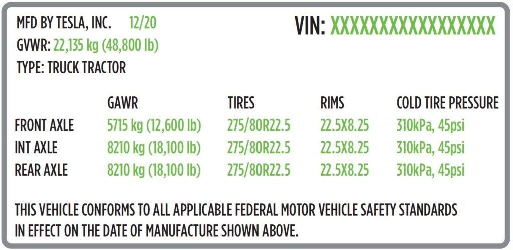 Tesla Semi sample VIN label from the truck's online parts catalog.