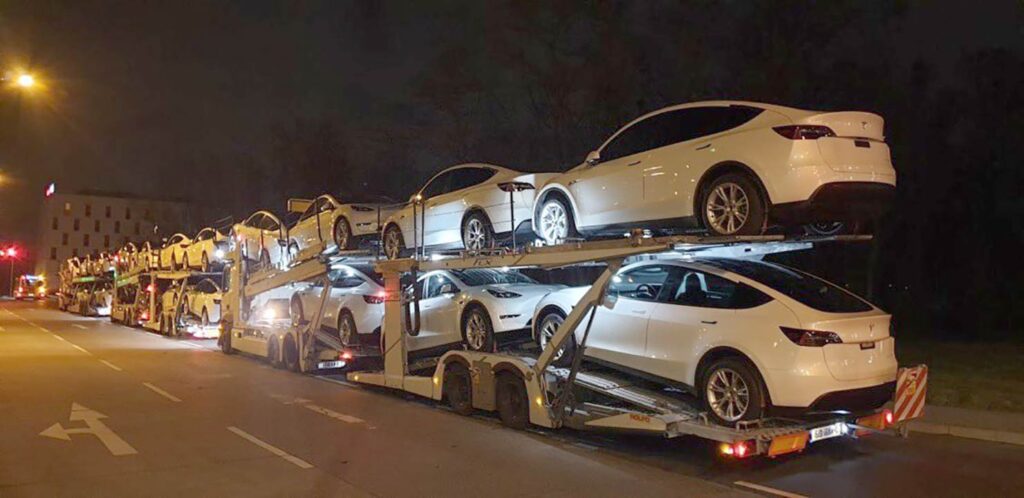 Vehicle transport carrier trailers full of Tesla cars on their way to Tesla stores in Europe.