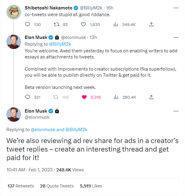 Elon Musk's tweets revealing Twitter's content monetization plans for creators on the social media platform.