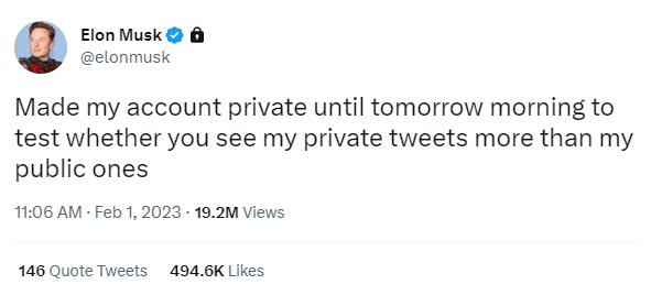 Screenshot of Elon Musk's tweet stating he is temporarily making his Twitter account private.