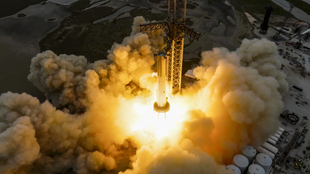 Aerial view of the Starship Booster 7 rocket's 31-engine static fire test conducted on Thursday 9th February 2023 at the SpaceX orbital launch site at Starbase, Boca Chica, Texas.