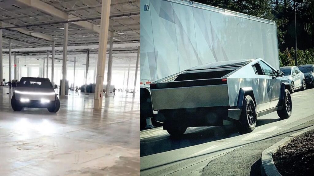 Tesla Cybertruck 4-wheel steering test at Giga Texas, close-to-production prototype spotted with triangle mirrors.