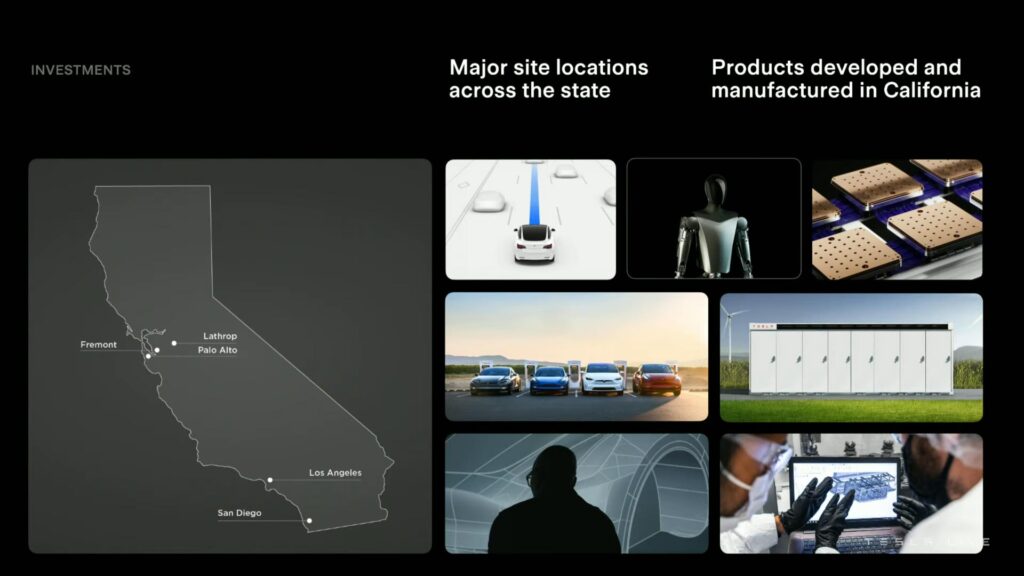 Locations of Tesla facilities marked on California's map (left) and the range of products developed and manufactured in the state (right). 