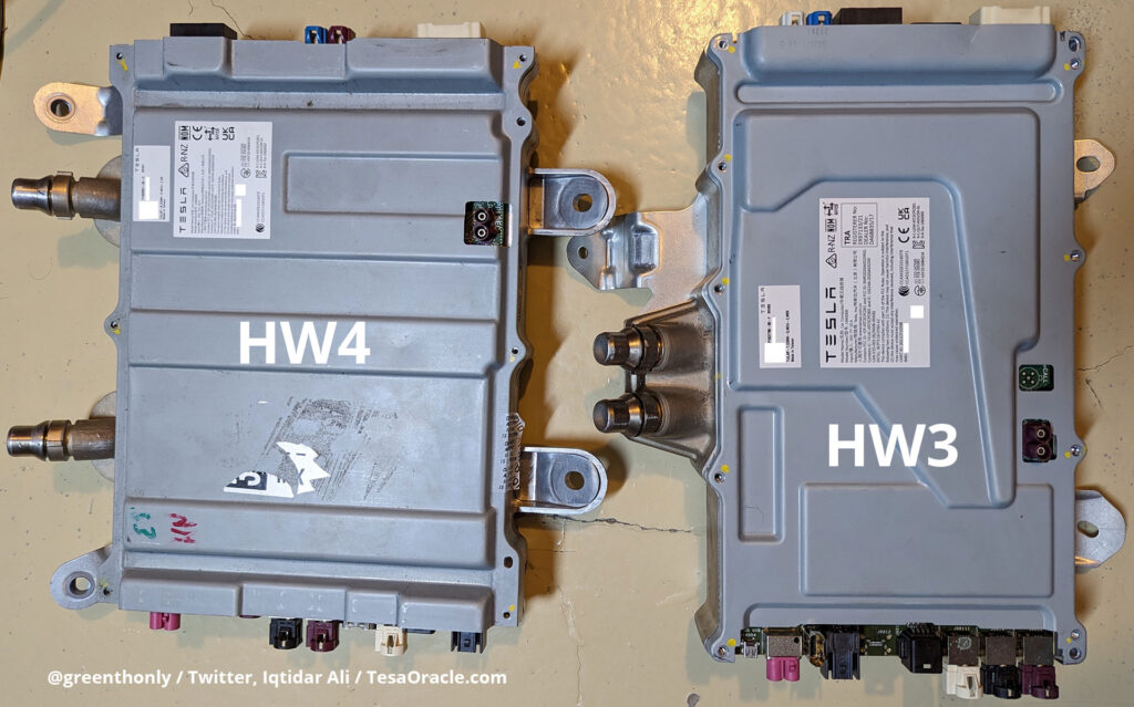Visual comparison of the form factors of Tesla Autopilot computers: HW4 on the left and HW3 on the right.