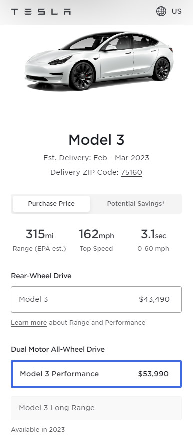 Screenshot: Prices of all the variants of the Tesla Model 3 in the United States as of 4th February 2023. Source: Tesla online car configurator.