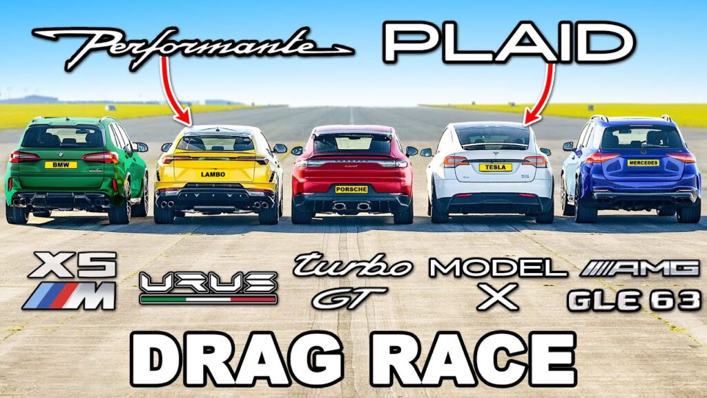 Tesla Model X goes drag racing against Lamborghini Urus Performante, Mercedes GLE 63 S, BMW X5 M, and Porsche Cayenne Turbo GT.