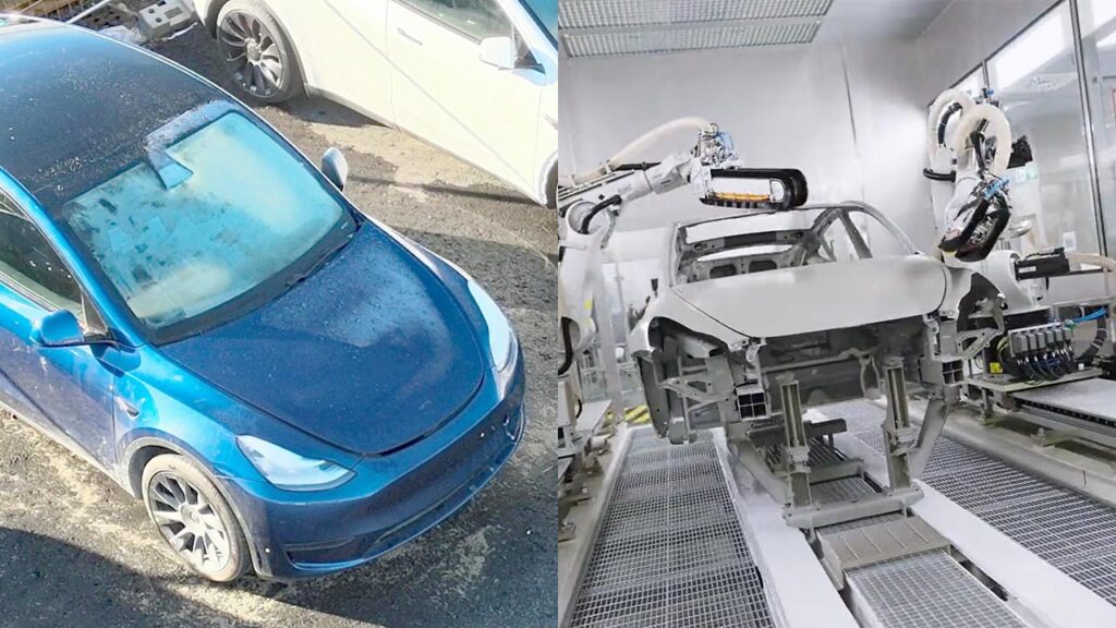 Deep Blue Metallic color Tesla Model Y spotted at Giga Berlin and Tesla shows the most advanced paint shop in its new video.