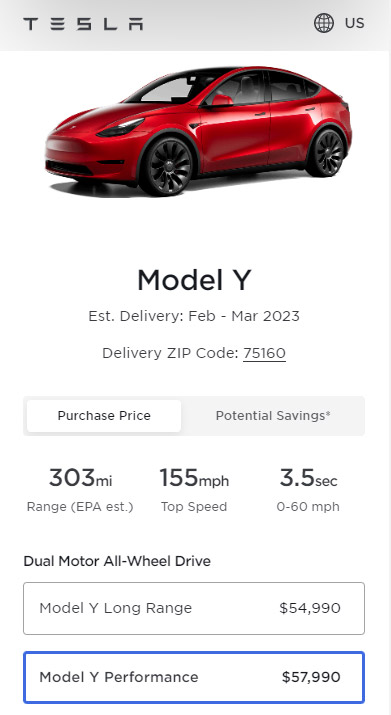 Screenshot: Prices of all the variants of the Tesla Model Y in the United States as of 4th February 2023. Source: Tesla online car configurator.