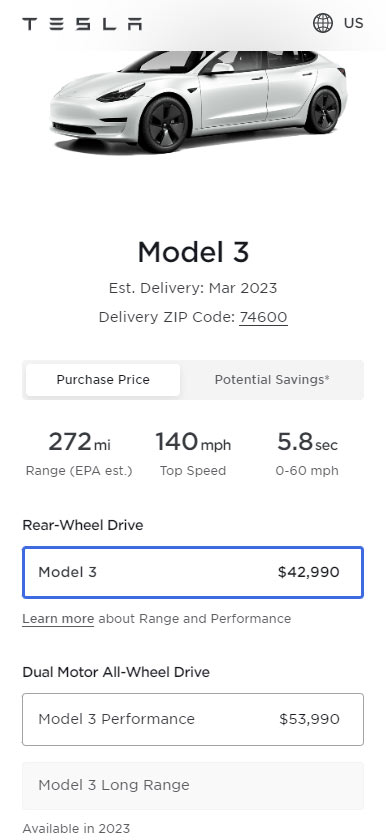 Screenshot: Prices of all the variants of the Tesla Model 3 in the United States as of 6th March 2023.