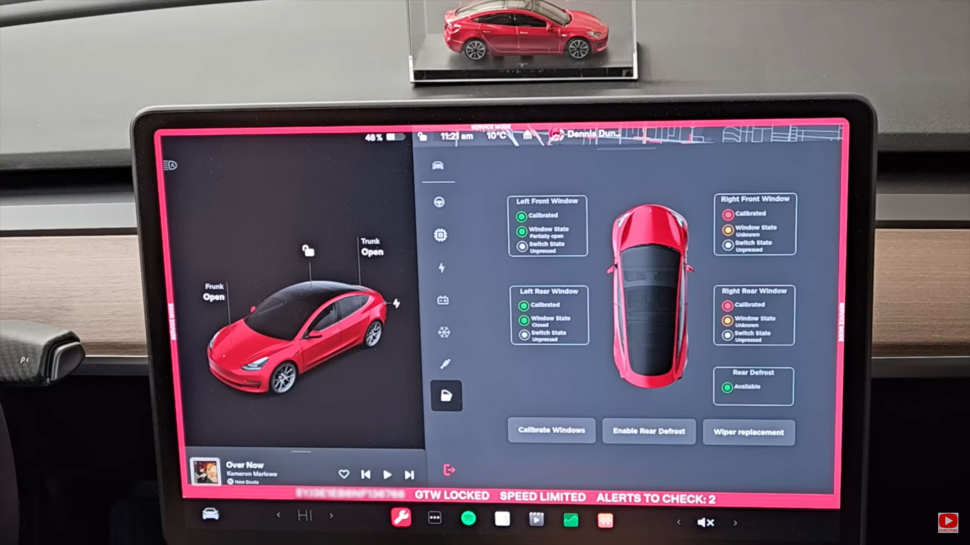 Tesla Service Mode screen where you can adjust the calibration of your Model 3 or Model Y windows.