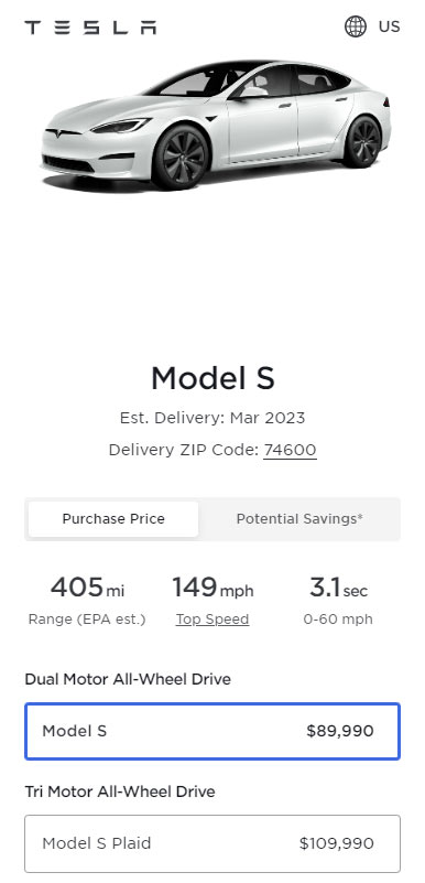 Screenshot: Prices of all the variants of the Tesla Model S in the United States as of 6th March 2023. 
