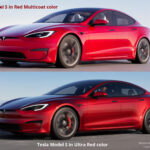Tesla Model S in the old Red Multicoat color (top) and in the new Ultra Red color (bottom).