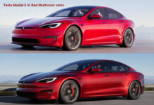 Tesla Model S in the old Red Multicoat color (top) and in the new Ultra Red color (bottom).