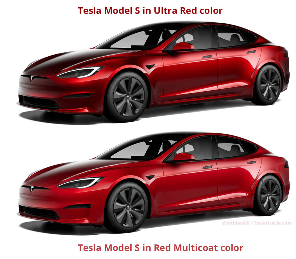 Tesla Model S in the new Ultra Red color (top) and in the old Red Multicoat paint (below).