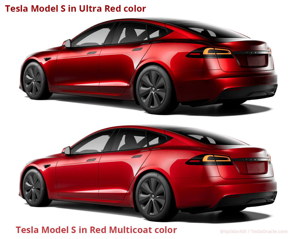 Rear and side view profile of a Tesla Model S in the new Ultra Red color (top) and in the old Red Multicoat paint (bottom). 