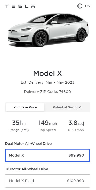 Screenshot: Prices of all the variants of the Tesla Model X in the United States as of 6th March 2023. 