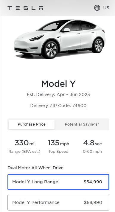 Screenshot: Prices of all the variants of the Tesla Model Y in the United States as of 6th March 2023.
