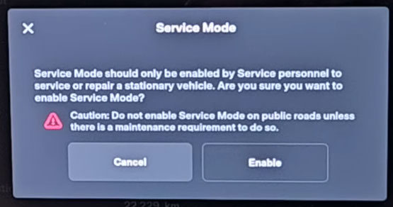 Popup Dialog box that appears to show caution when enabling Service Mode.