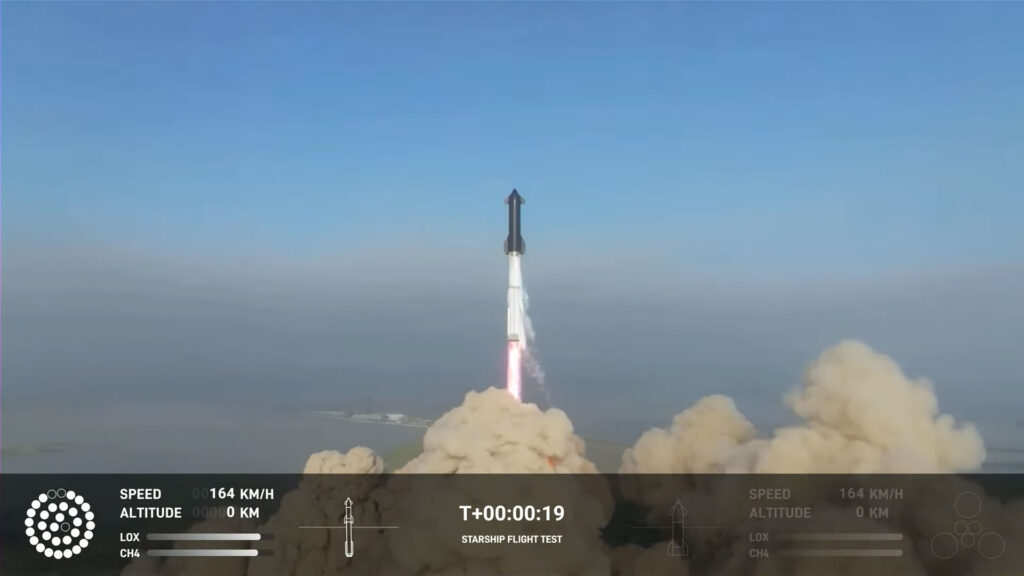 Screenshot of the Starship launch live webcast taken at T+19 seconds. We can see on the left visualization on the bottom-left that 3 Raptor engines did not fire at launch (3 empty dots). 