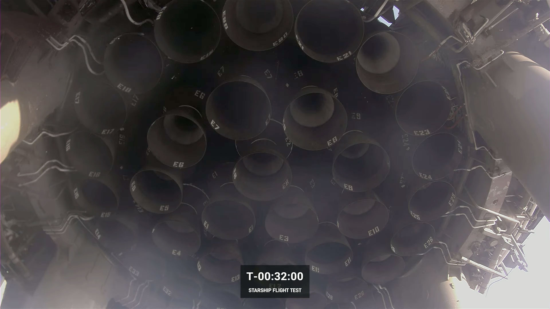 33 Raptor engines installed beneath the Super Heavy rocket booster.