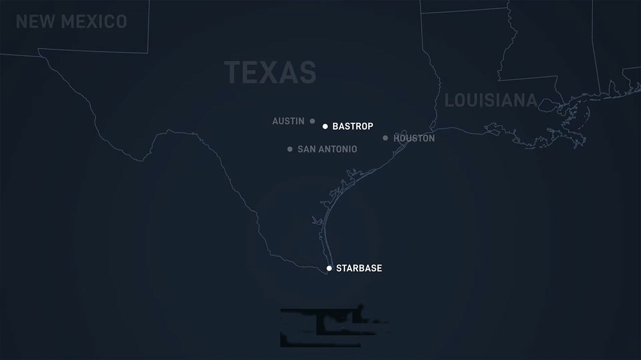 Starbase and Starlink Bastrop marked on a map.