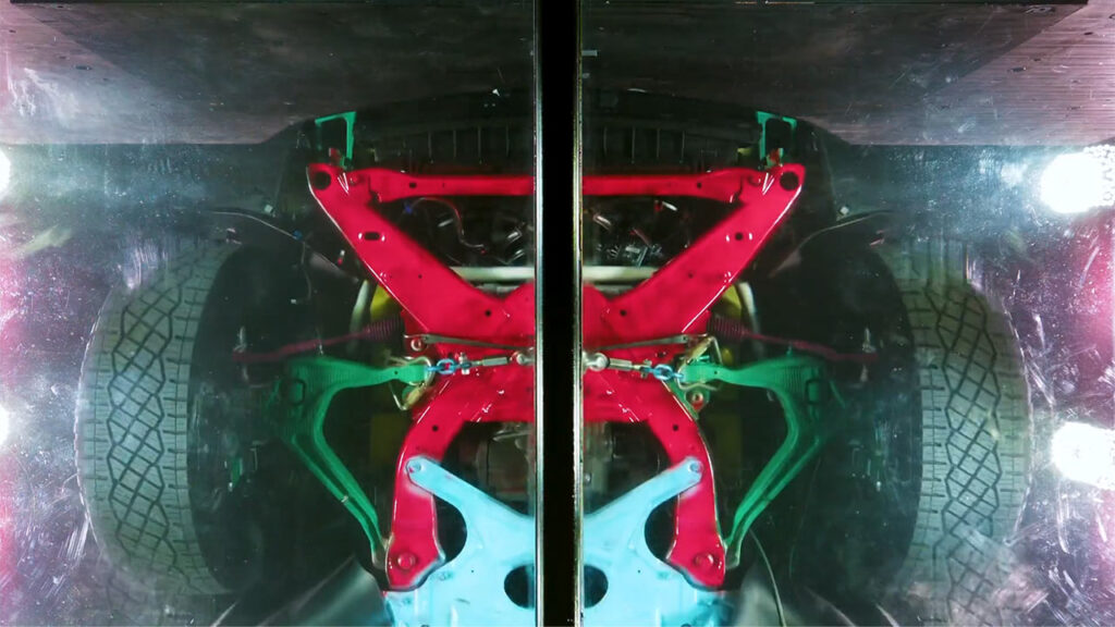 A look at the front suspension of the Tesla Cybertruck from the crash safety teaser video.