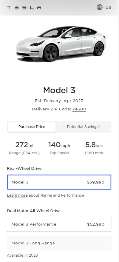 Screenshot: Prices of all the variants of the Tesla Model 3 in the United States as of 19th April 2023 and the addition of the new base variant of the electric SUV.