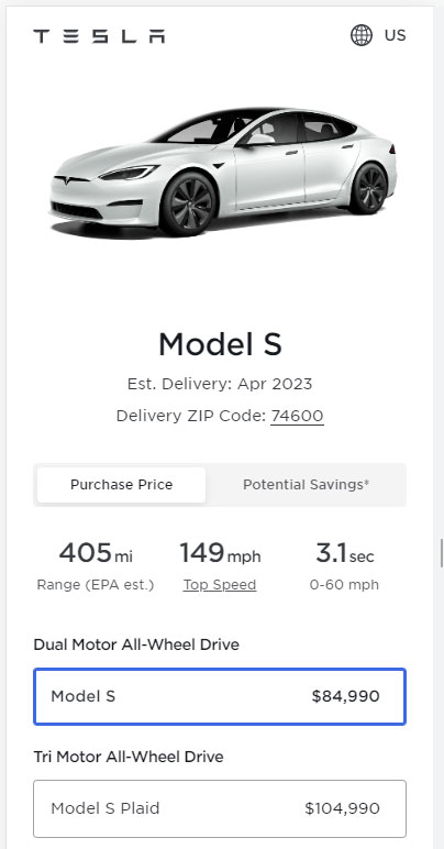 Screenshot: Prices of all the variants of the Tesla Model S in the United States as of 7th April 2023.