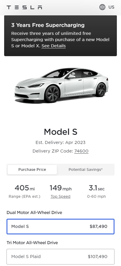 Screenshot: Prices of all the variants of the Tesla Model 3 in the United States as of 22nd April 2023.