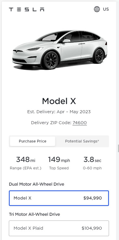 Screenshot: Prices of all the variants of the Tesla Model X in the United States as of 7th April 2023.