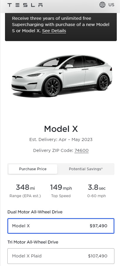 Screenshot: Prices of all the variants of the Tesla Model X in the United States as of 22nd April 2023.