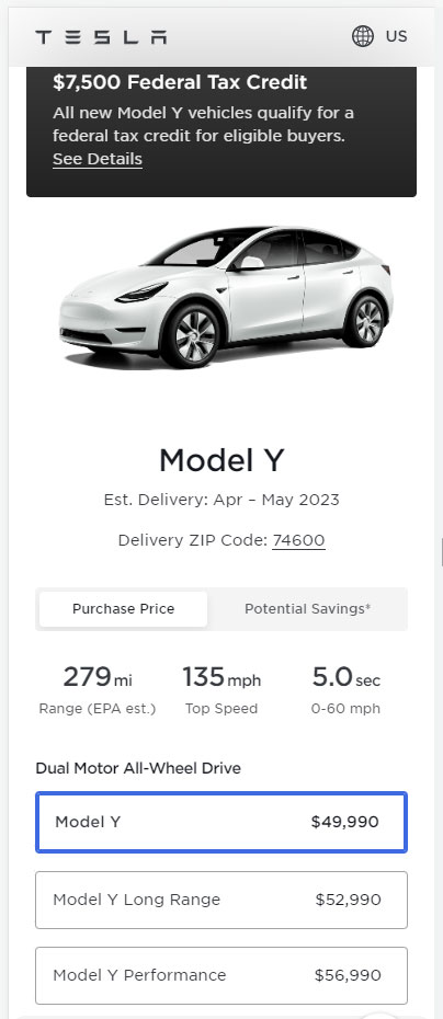 Screenshot: Prices of all the variants of the Tesla Model Y in the United States as of 7th April 2023 and the addition of the new base variant of the electric SUV.