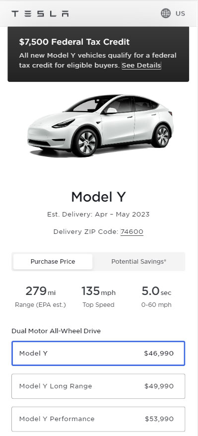 Screenshot: Prices of all the variants of the Tesla Model Y in the United States as of 19th April 2023 and the addition of the new base variant of the electric SUV.