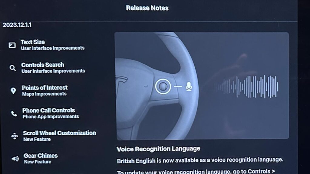 Get the complete Release Notes for Tesla software update version 2023.12.1.1.
