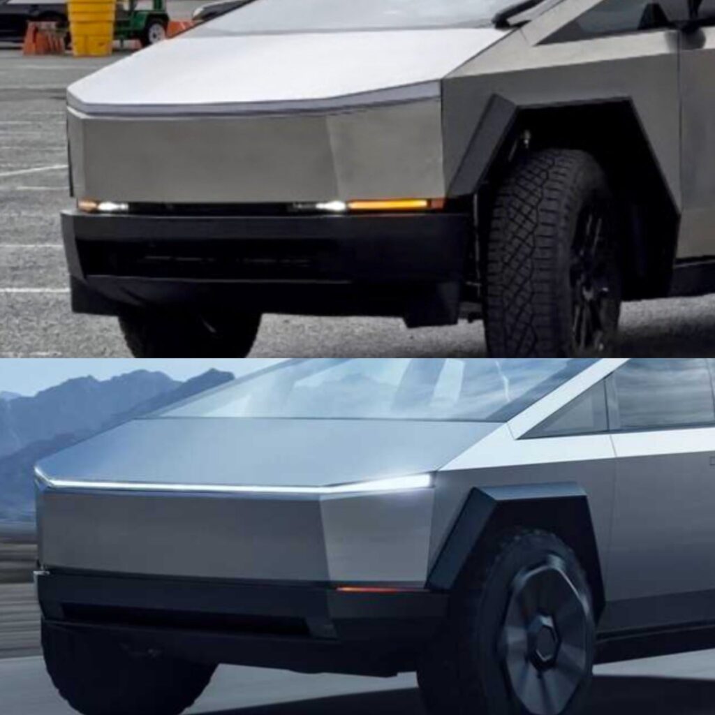 Front fascia comparison of the Cybertruck alpha prototype vs. he early prototype seen in Tesla's promotional content.