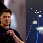 Elon Musk (left) and Tesla FSD Beta driving visualizations (right).