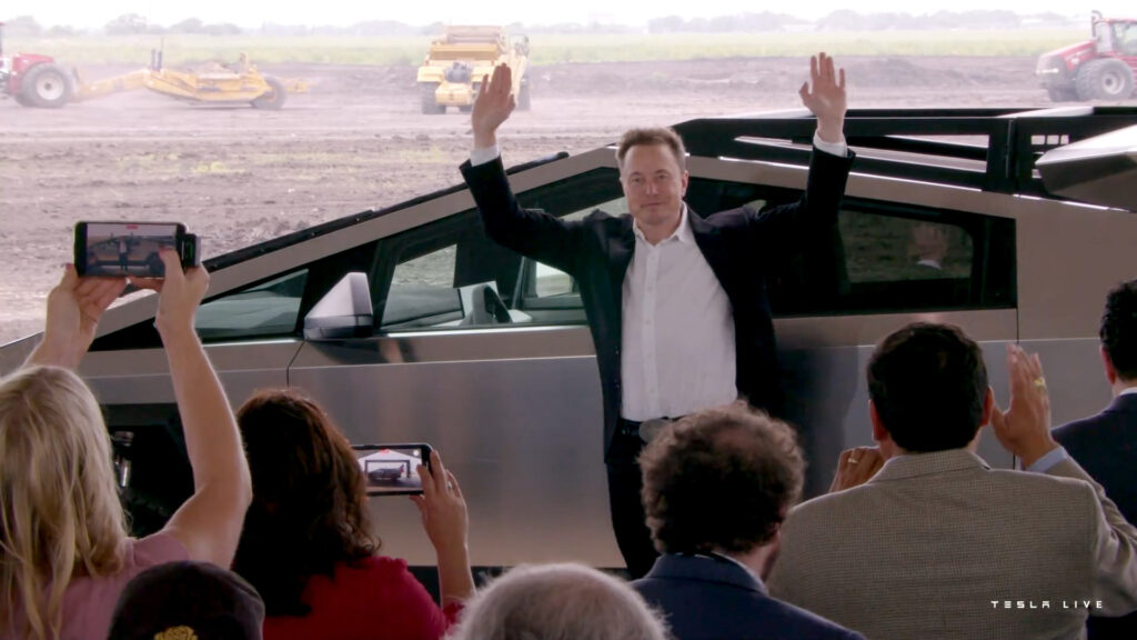 Tesla CEO Elon Musk arrives at Tesla Lithium groundbreaking ceremony driving a Cybertruck prototype with field work accessories.
