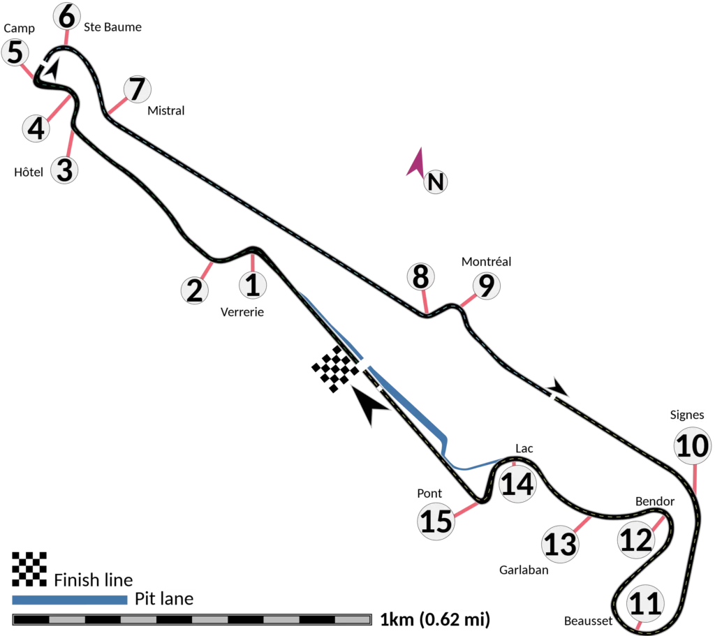 Layout diagram of the Circuit Paul Ricard race circuit where the Tesla Model S Track Package was tested in early May 2023.